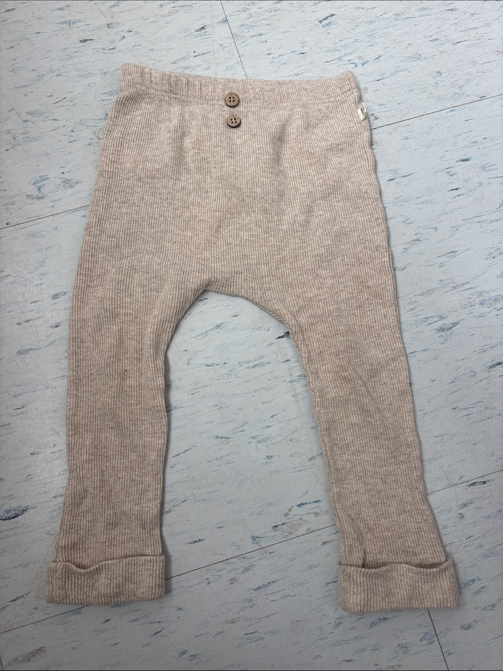 Neutral Ribbed Kids Leggings with Button Detail - Beige
